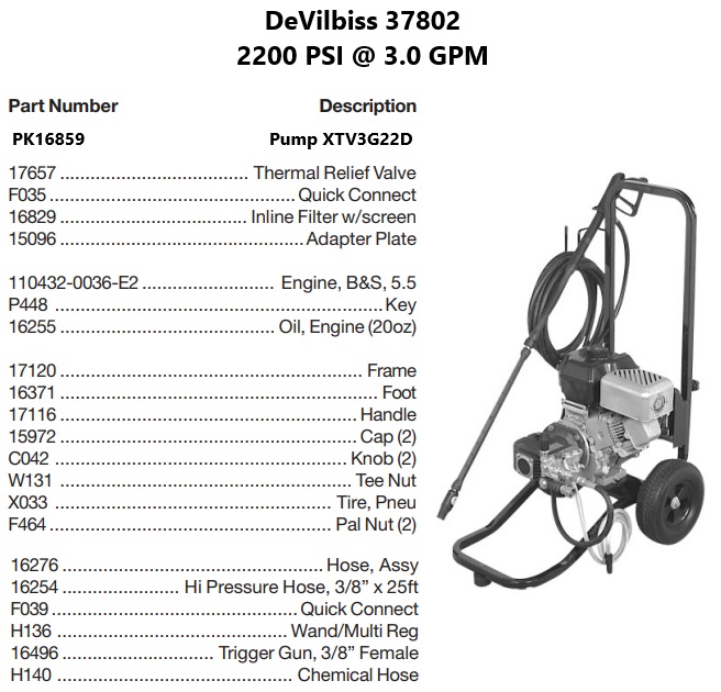 DEVILBISS model 37802 power washer parts